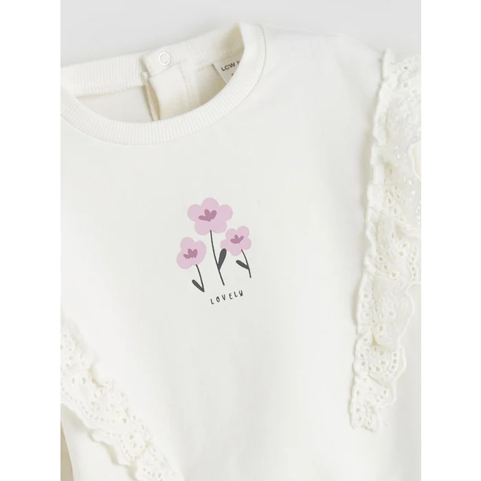 LCW baby Bej Bisiklet Yaka Çiçekli Kız Bebek Sweatshirt ve Tayt 2li