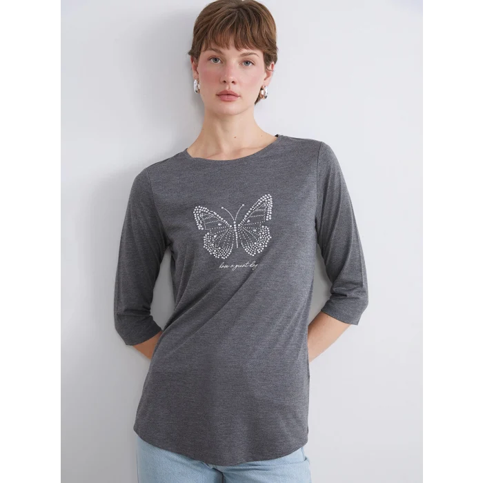 LCWAIKIKI Classic Antrasit Bisiklet Yaka Taşlı Kadın Tişört