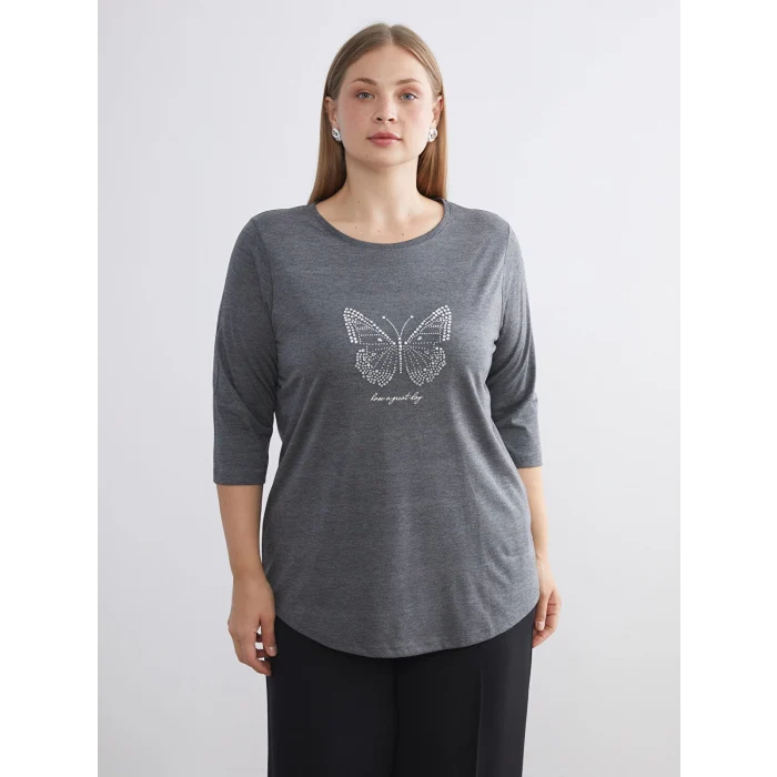 LCWAIKIKI Classic Antrasit Bisiklet Yaka Taşlı Kadın Tişört