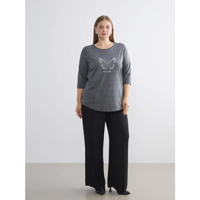 LCWAIKIKI Classic Antrasit Bisiklet Yaka Taşlı Kadın Tişört