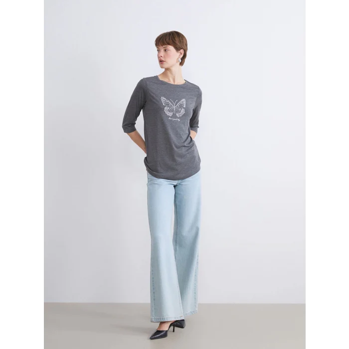 LCWAIKIKI Classic Antrasit Bisiklet Yaka Taşlı Kadın Tişört