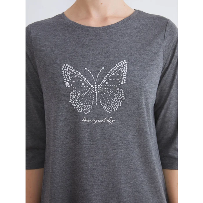 LCWAIKIKI Classic Antrasit Bisiklet Yaka Taşlı Kadın Tişört