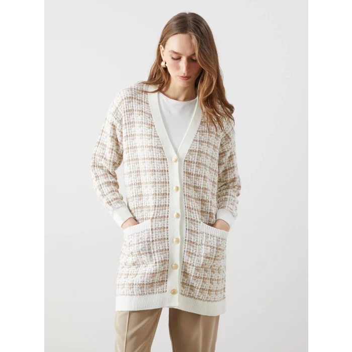 LCWAIKIKI Classic Kahverengi V Yaka Desenli Kadın Triko Hırka