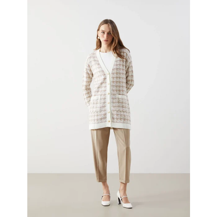 LCWAIKIKI Classic Kahverengi V Yaka Desenli Kadın Triko Hırka