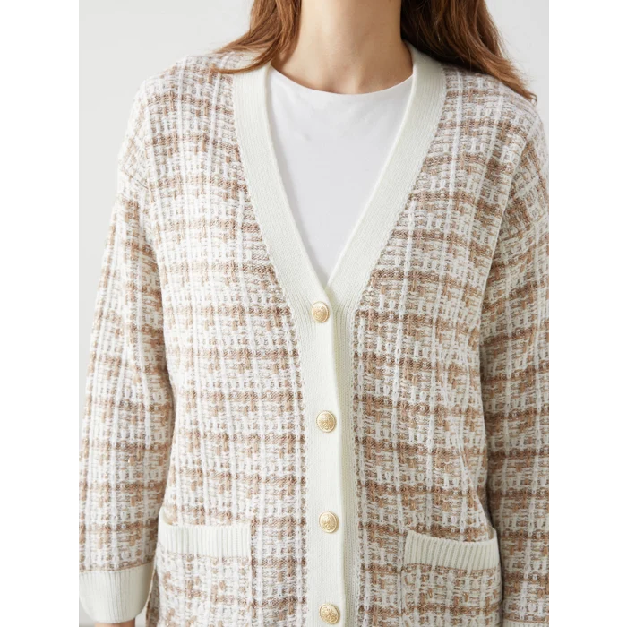 LCWAIKIKI Classic Kahverengi V Yaka Desenli Kadın Triko Hırka