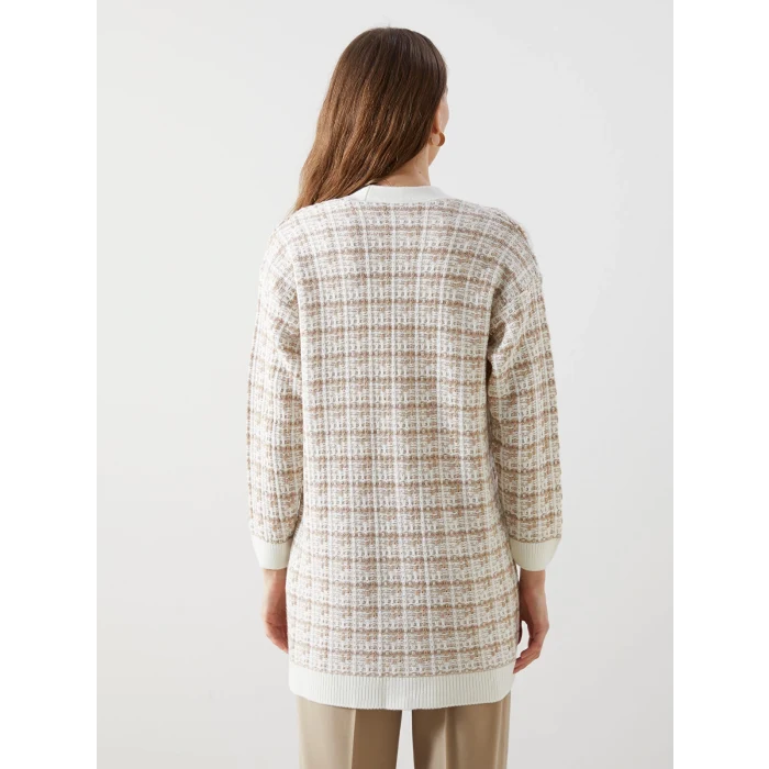 LCWAIKIKI Classic Kahverengi V Yaka Desenli Kadın Triko Hırka