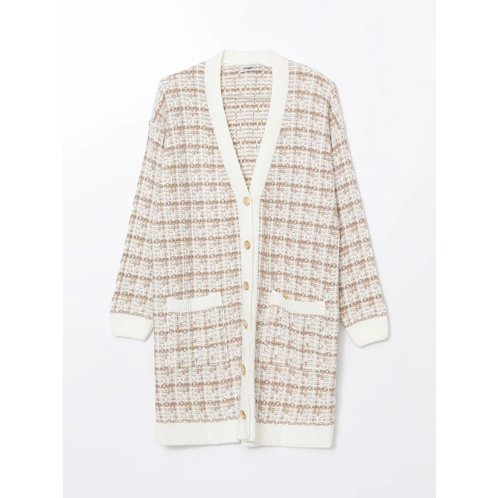 LCWAIKIKI Classic Kahverengi V Yaka Desenli Kadın Triko Hırka