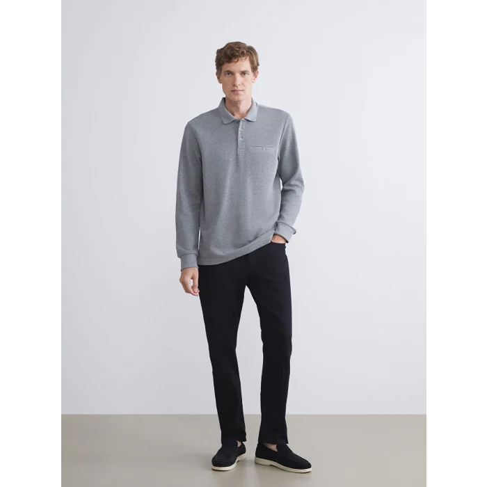 LCWAIKIKI Classic Gri Polo Yaka Uzun Kollu Erkek Sweatshirt