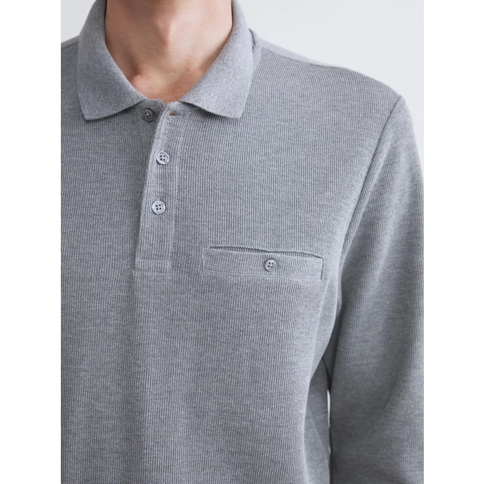 LCWAIKIKI Classic Gri Polo Yaka Uzun Kollu Erkek Sweatshirt