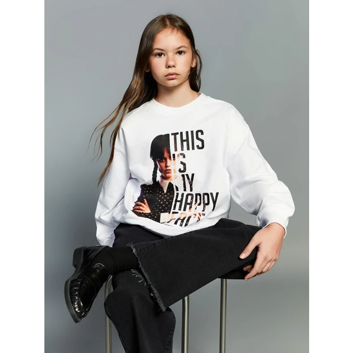 LCW Kids Beyaz Bisiklet Yaka Wednesday Baskılı Kız Çocuk Sweatshirt