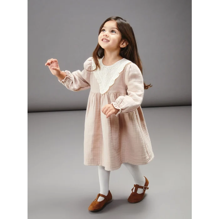 LCW baby Bej Bebe Yaka Müslin Kız Bebek Elbise