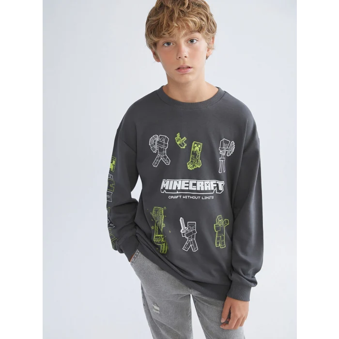 LC WAIKIKI Antrasit Bisiklet Yaka Minecraft Baskılı Erkek Çocuk Sweatshirt