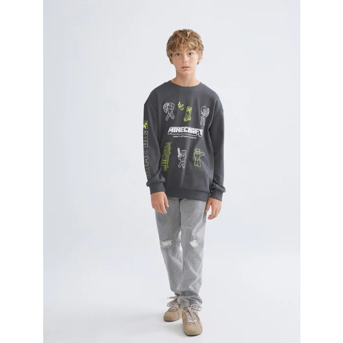 LC WAIKIKI Antrasit Bisiklet Yaka Minecraft Baskılı Erkek Çocuk Sweatshirt