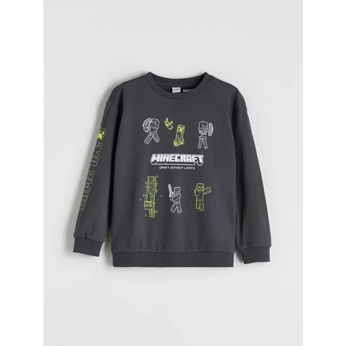 LC WAIKIKI Antrasit Bisiklet Yaka Minecraft Baskılı Erkek Çocuk Sweatshirt