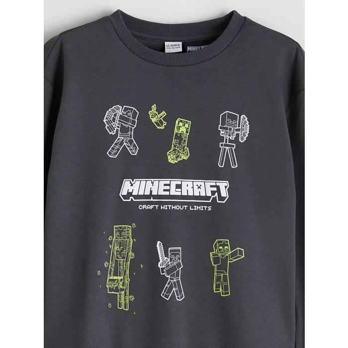 LC WAIKIKI Antrasit Bisiklet Yaka Minecraft Baskılı Erkek Çocuk Sweatshirt