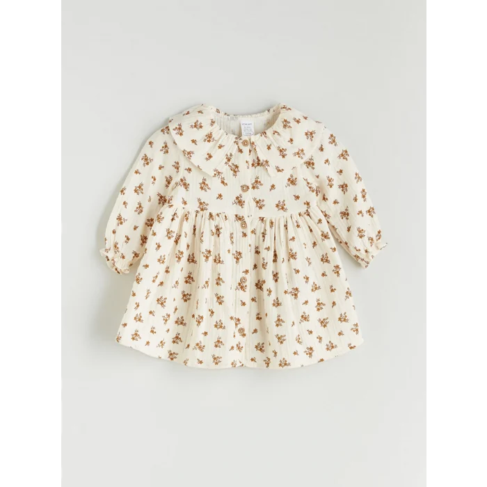 LCW baby Ekru Bebe Yaka Çiçekli Kız Bebek Müslin Elbise