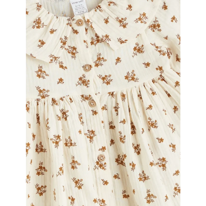 LCW baby Ekru Bebe Yaka Çiçekli Kız Bebek Müslin Elbise
