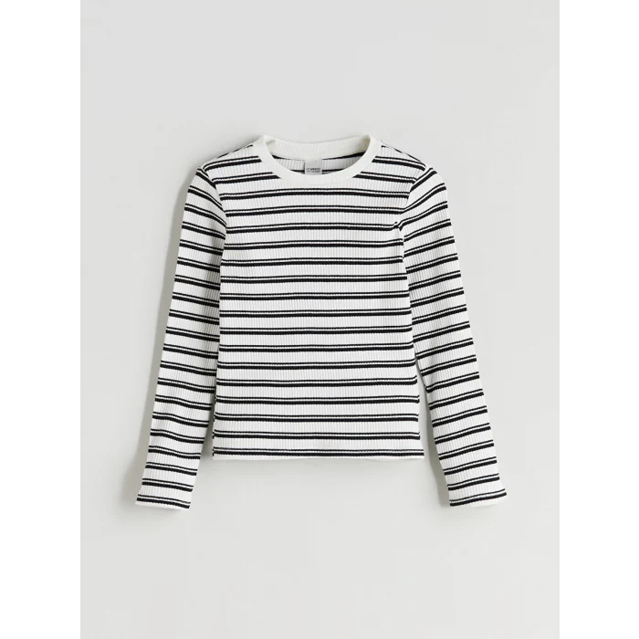 LCW Kids Siyah Bisiklet Yaka Çizgili Kız Çocuk Tişört