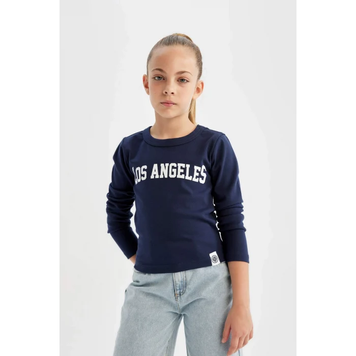 Defacto C7466 Lacivert Kız Çocuk Bisiklet Yaka Yazı Baskılı Fitilli Kaşkorse Uzun Kollu Okul Tişörtü