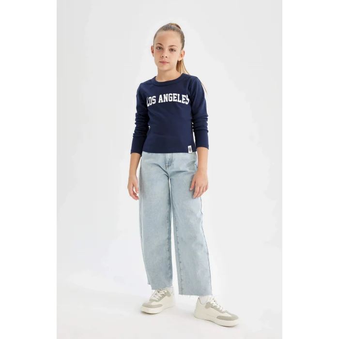 Defacto C7466 Lacivert Kız Çocuk Bisiklet Yaka Yazı Baskılı Fitilli Kaşkorse Uzun Kollu Okul Tişörtü