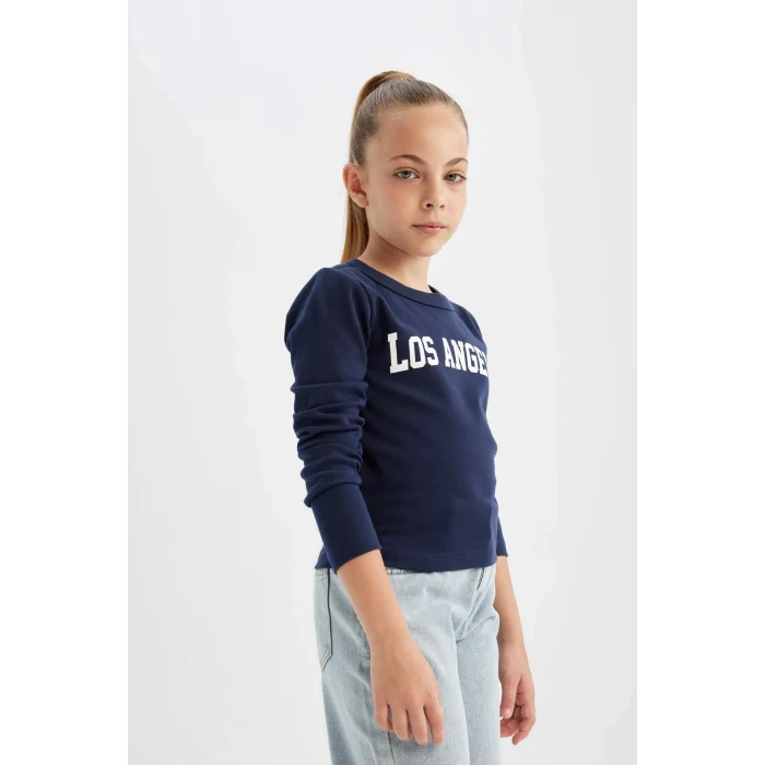 Defacto C7466 Lacivert Kız Çocuk Bisiklet Yaka Yazı Baskılı Fitilli Kaşkorse Uzun Kollu Okul Tişörtü