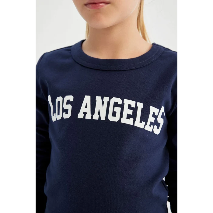 Defacto C7466 Lacivert Kız Çocuk Bisiklet Yaka Yazı Baskılı Fitilli Kaşkorse Uzun Kollu Okul Tişörtü