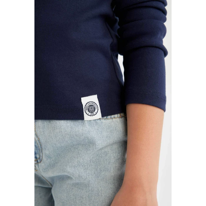 Defacto C7466 Lacivert Kız Çocuk Bisiklet Yaka Yazı Baskılı Fitilli Kaşkorse Uzun Kollu Okul Tişörtü