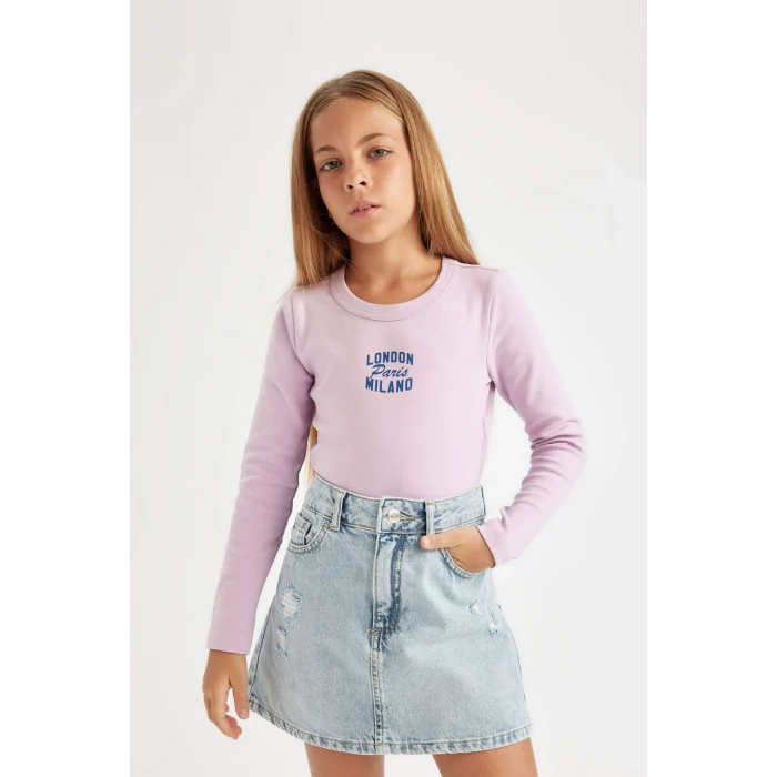 Defacto C7464 Mor Kız Çocuk Bisiklet Yaka Baskılı Fitilli Kaşkorse Uzun Kollu Okul Tişörtü