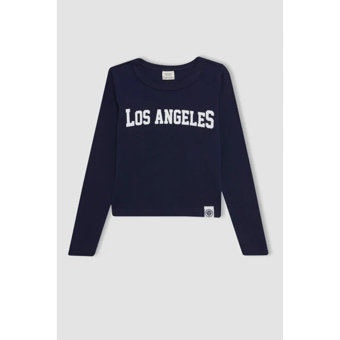 Defacto C7466 Lacivert Kız Çocuk Bisiklet Yaka Yazı Baskılı Fitilli Kaşkorse Uzun Kollu Okul Tişörtü