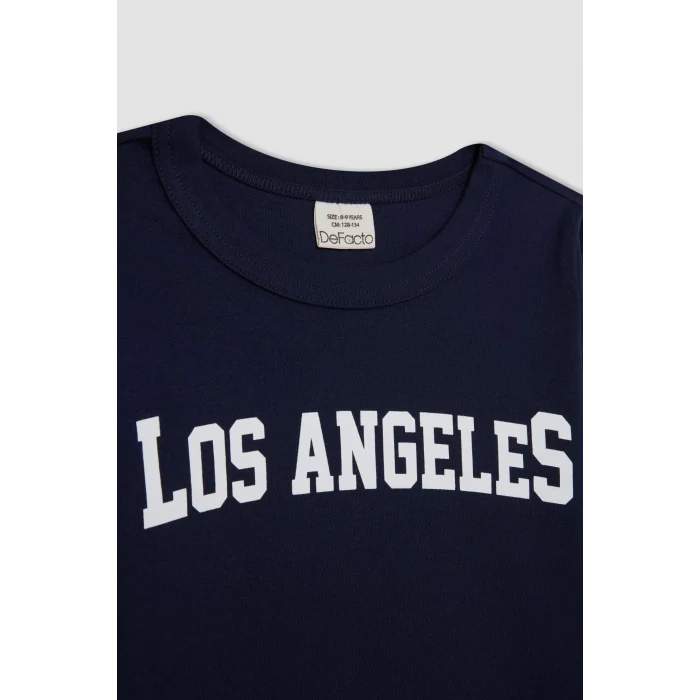 Defacto C7466 Lacivert Kız Çocuk Bisiklet Yaka Yazı Baskılı Fitilli Kaşkorse Uzun Kollu Okul Tişörtü