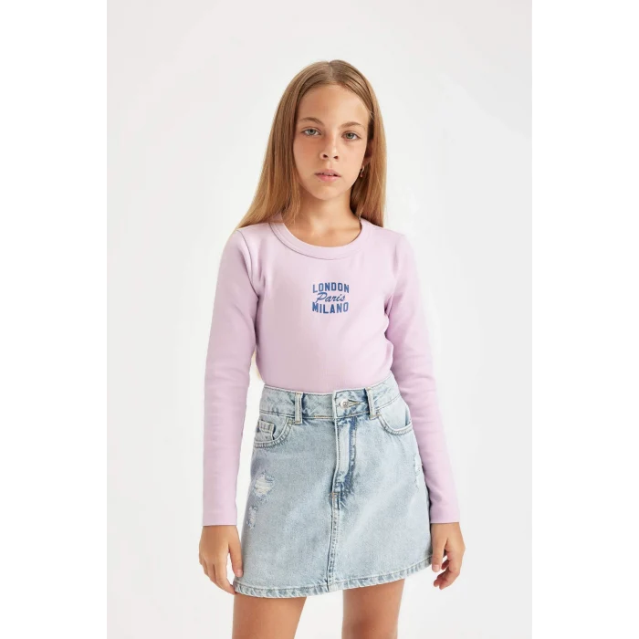 Defacto C7464 Mor Kız Çocuk Bisiklet Yaka Baskılı Fitilli Kaşkorse Uzun Kollu Okul Tişörtü