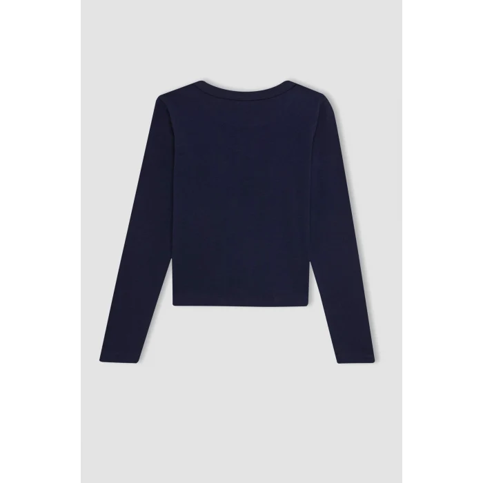 Defacto C7466 Lacivert Kız Çocuk Bisiklet Yaka Yazı Baskılı Fitilli Kaşkorse Uzun Kollu Okul Tişörtü