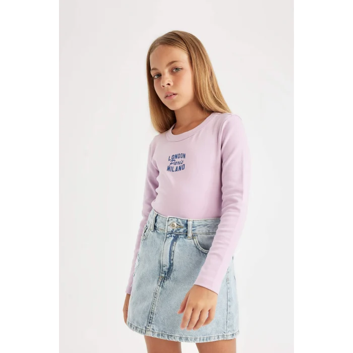 Defacto C7464 Mor Kız Çocuk Bisiklet Yaka Baskılı Fitilli Kaşkorse Uzun Kollu Okul Tişörtü
