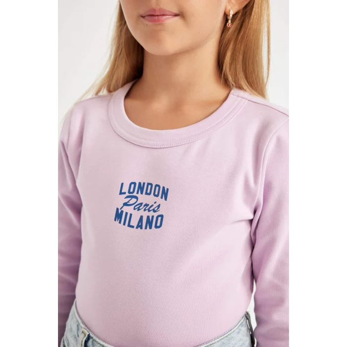 Defacto C7464 Mor Kız Çocuk Bisiklet Yaka Baskılı Fitilli Kaşkorse Uzun Kollu Okul Tişörtü