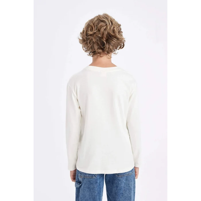 Defacto C9562 Ekru Erkek Çocuk Bisiklet Yaka Yazı Baskılı Uzun Kollu Tişört