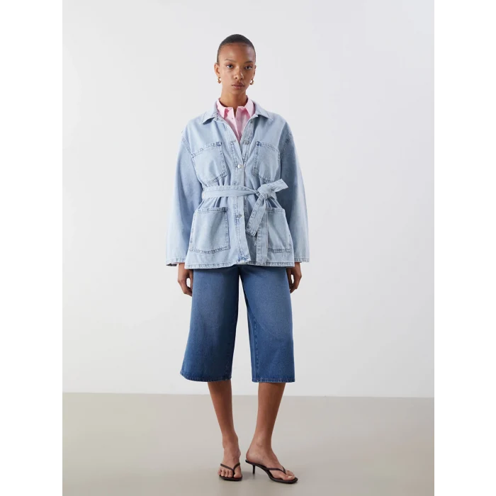 LCWAIKIKI Classic Indigo Gömlek Yaka Kadın Jean Ceket