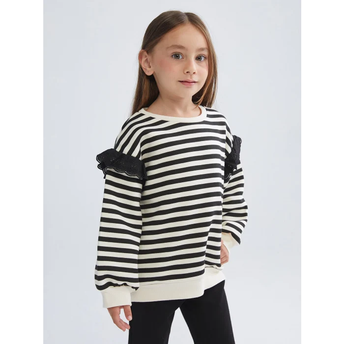 LCW Kids Siyah Bisiklet Yaka Çizgili Kız Çocuk Sweatshirt