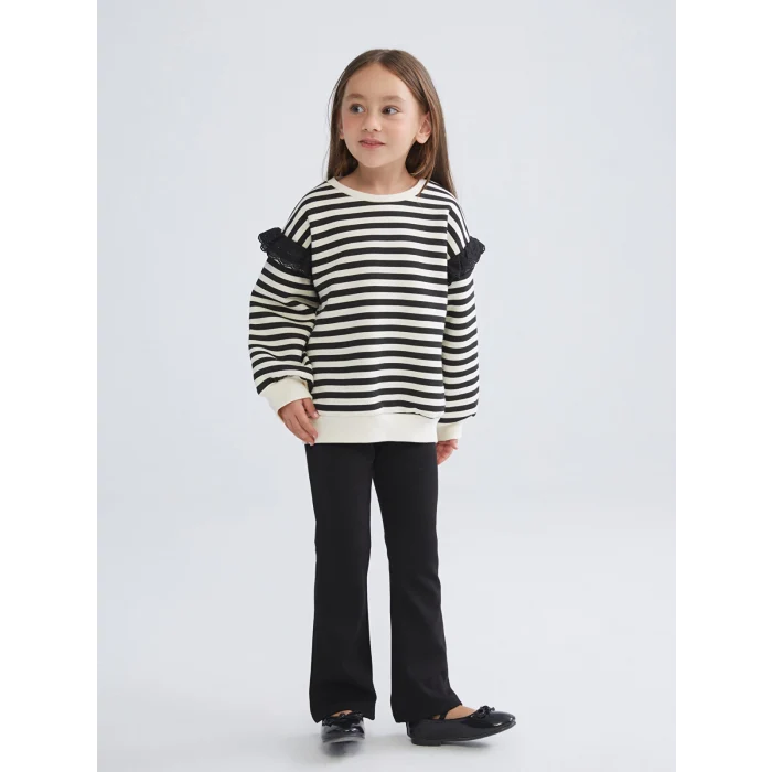 LCW Kids Siyah Bisiklet Yaka Çizgili Kız Çocuk Sweatshirt