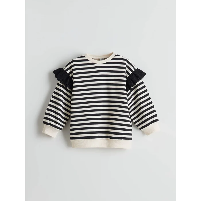 LCW Kids Siyah Bisiklet Yaka Çizgili Kız Çocuk Sweatshirt