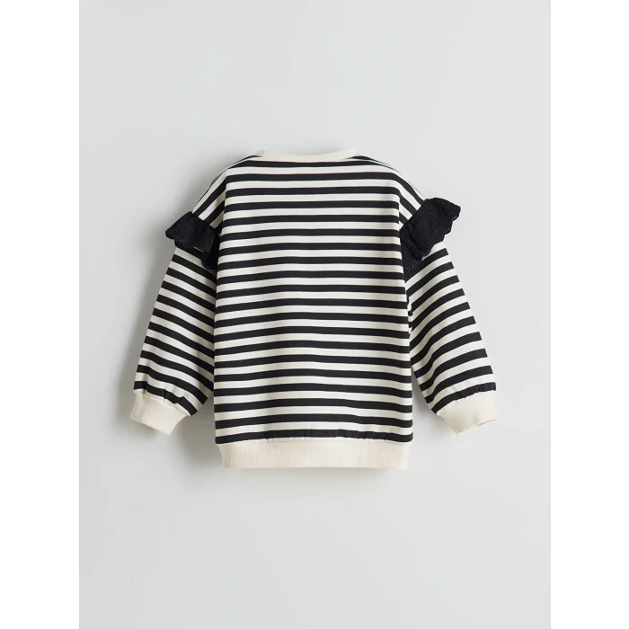 LCW Kids Siyah Bisiklet Yaka Çizgili Kız Çocuk Sweatshirt