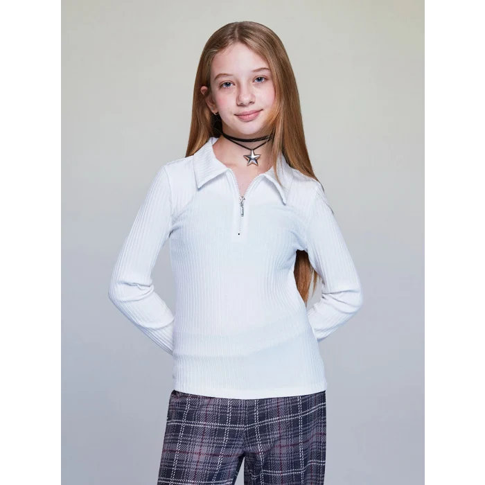 LCW Kids Ekru Polo Yaka Uzun Kollu Kız Çocuk Tişört