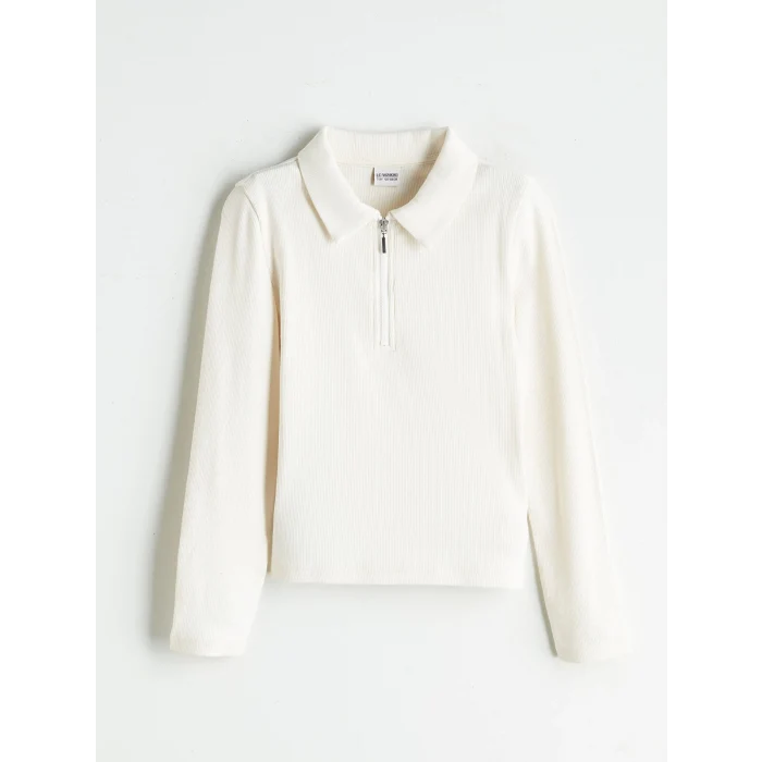 LCW Kids Ekru Polo Yaka Uzun Kollu Kız Çocuk Tişört