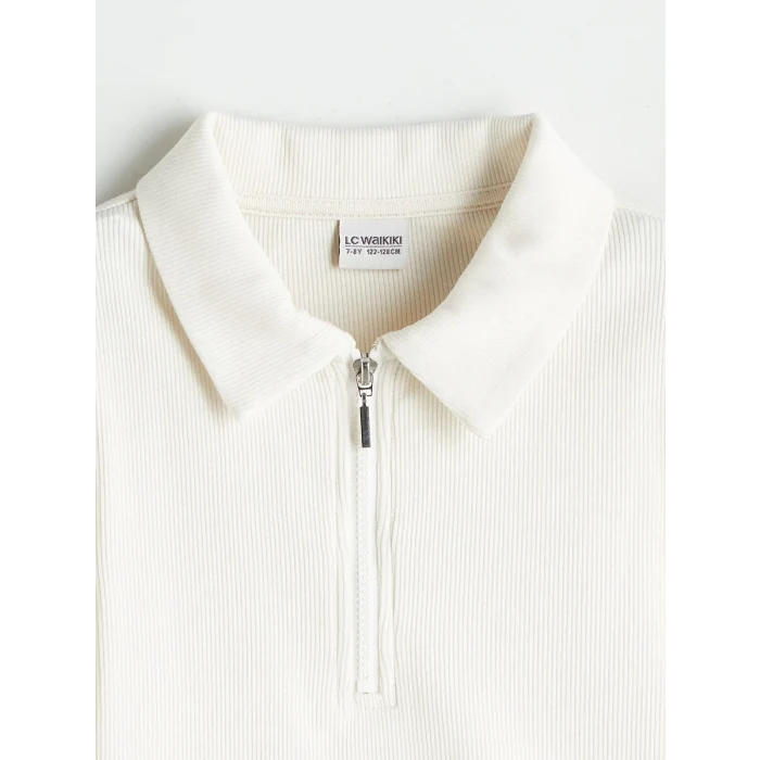 LCW Kids Ekru Polo Yaka Uzun Kollu Kız Çocuk Tişört