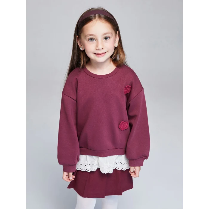 LCW Kids Bordo Bisiklet Yaka Çiçek Aplikeli Kız Çocuk Sweatshirt