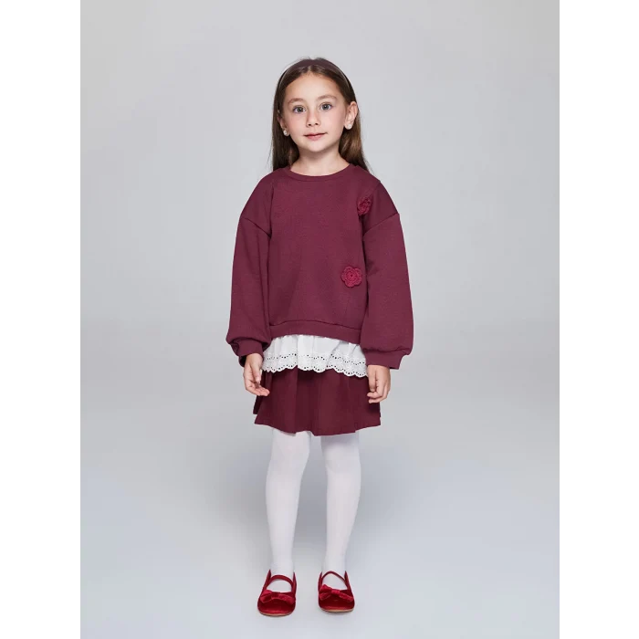 LCW Kids Bordo Bisiklet Yaka Çiçek Aplikeli Kız Çocuk Sweatshirt