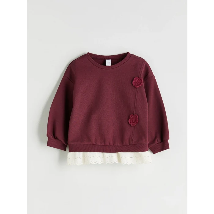 LCW Kids Bordo Bisiklet Yaka Çiçek Aplikeli Kız Çocuk Sweatshirt