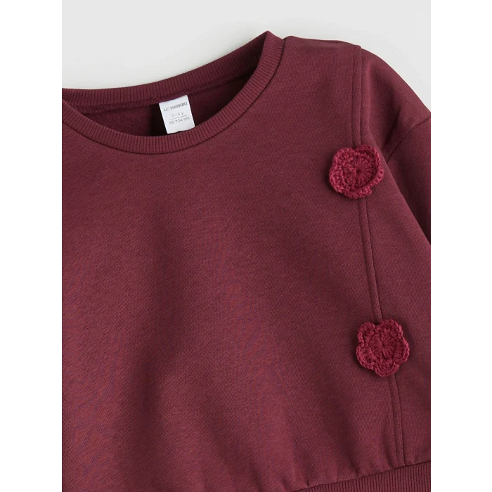 LCW Kids Bordo Bisiklet Yaka Çiçek Aplikeli Kız Çocuk Sweatshirt