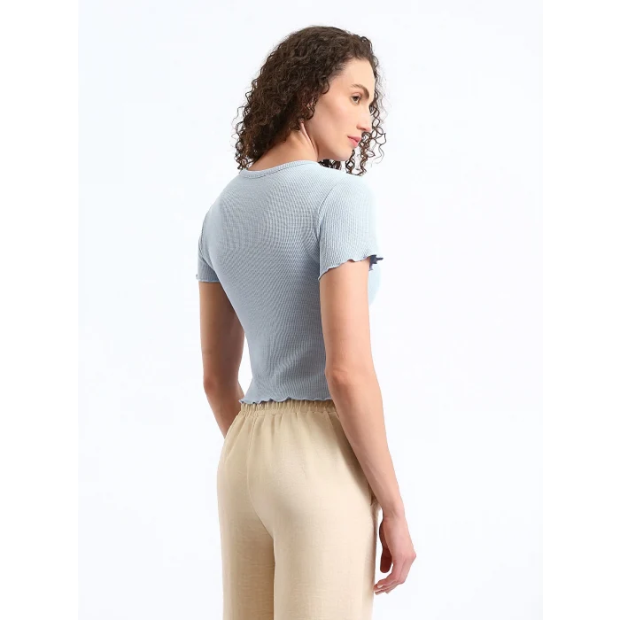 XSIDE Mavi Bisiklet Yaka Nakışlı Kısa Kollu Kadın Tişört