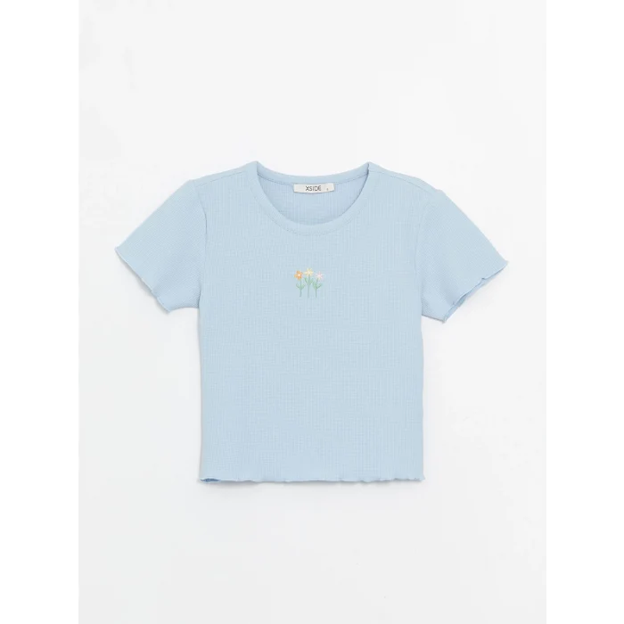 XSIDE Mavi Bisiklet Yaka Nakışlı Kısa Kollu Kadın Tişört