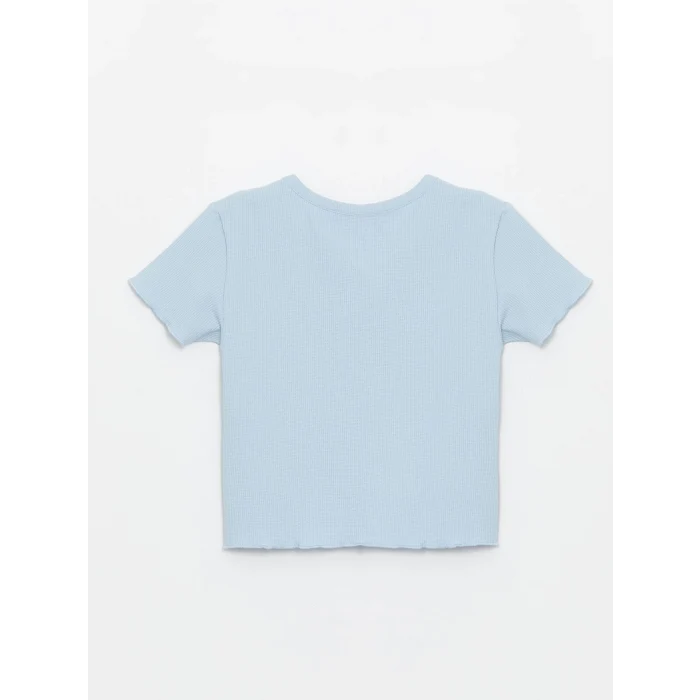 XSIDE Mavi Bisiklet Yaka Nakışlı Kısa Kollu Kadın Tişört